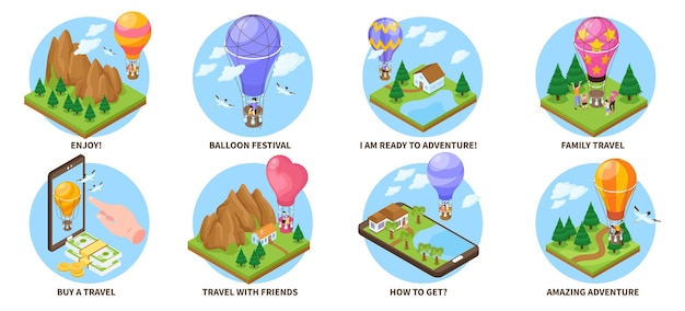 Free vector isometric hot air balloon concept set and mobile travel applications isolated vector illustration