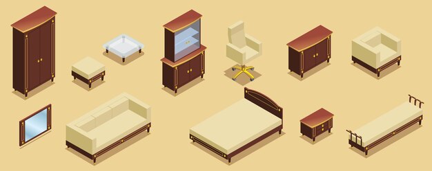 Isometric hotel furniture elements set