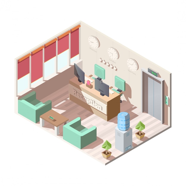 Free vector isometric hotel reception hall interior, office