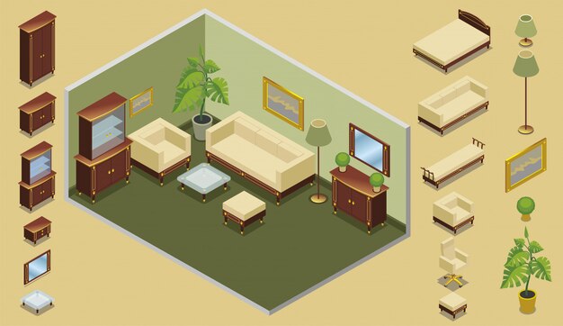Изометрическая концепция создания гостиничного номера с креслами, шкафами, зеркальными столами, лампами, растениями