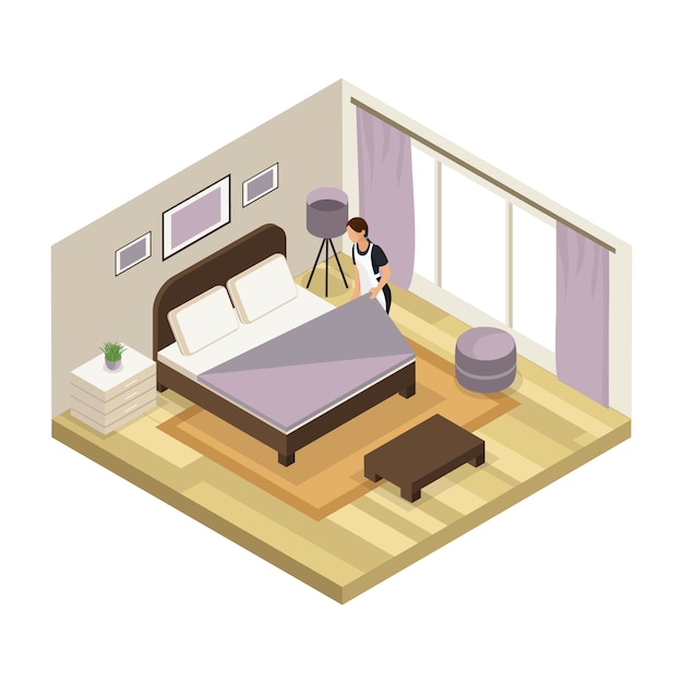 Isometric hotel service concept with maid wearing uniform cleaning room isolated 