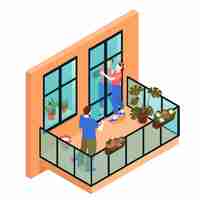 Free vector isometric house facade composition with isolated view of modern balcony with man and woman cleaning up vector illustration