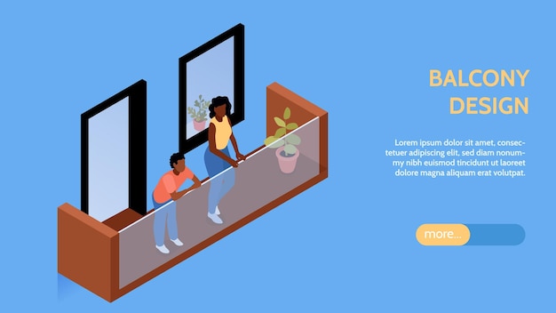 Бесплатное векторное изображение Изометрический горизонтальный баннер фасада дома с изолированным видом на современный балкон, редактируемый текст и другие векторные иллюстрации кнопок
