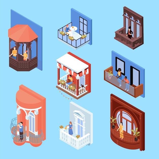 Free vector isometric house facade people set with isolated icons of balconies pavilions of classic and modern design vector illustration