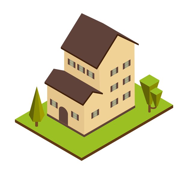 白い背景の等角投影の家。家、不動産または家賃の概念図。等角投影の視点での民家。