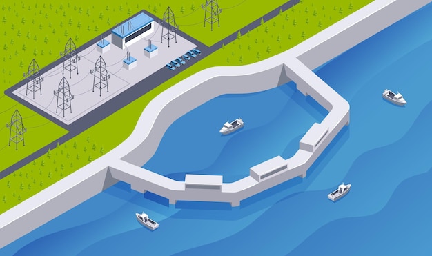 야외 풍경을 갖춘 아이소메트릭 수력 발전소 구성과 댐 조수 및 전력선 벡터 그림이 있는 선박