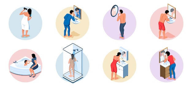 Free vector isometric hygiene compositions set with round icons of adult people and children performing daily hygienic routines vector illustration