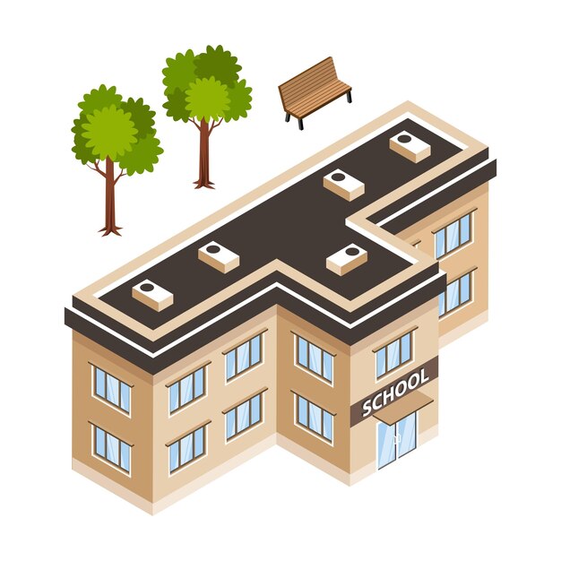 Изометрическая икона 3d школы, строящей зеленые деревья и скамейку, изолировала векторную иллюстрацию