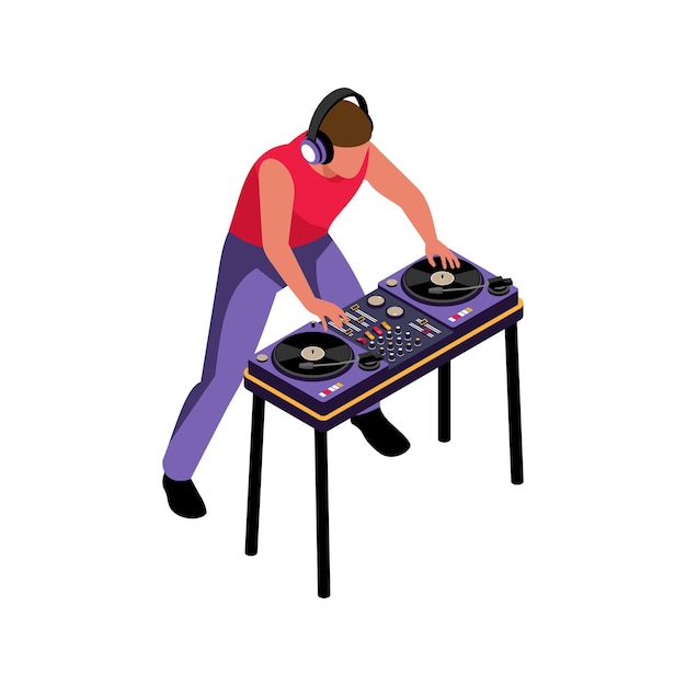 Изометрическая иконка с ди-джеем, играющим музыку на векторной иллюстрации профессионального контроллера