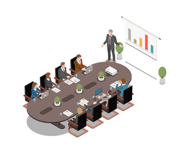 Isometric icon with man presenting project on white board at business meeting