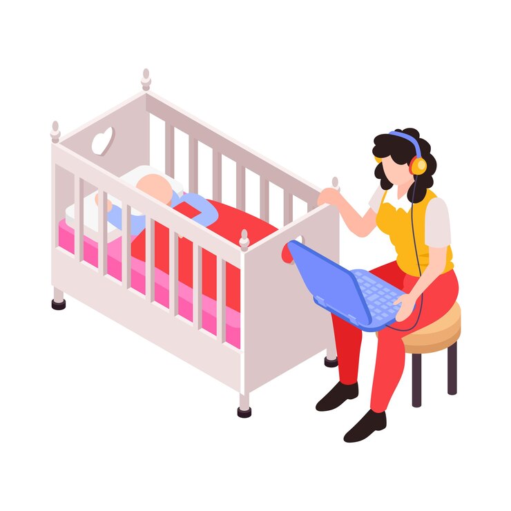 मुफ़्त वेक्टर isometric icon with mum working on laptop while rocking her baby in cradle  illustration