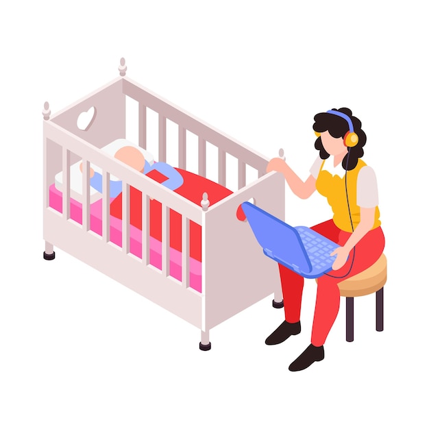 無料ベクター ゆりかごの図で彼女の赤ちゃんを揺り動かしながらラップトップに取り組んでいるお母さんと等尺性アイコン