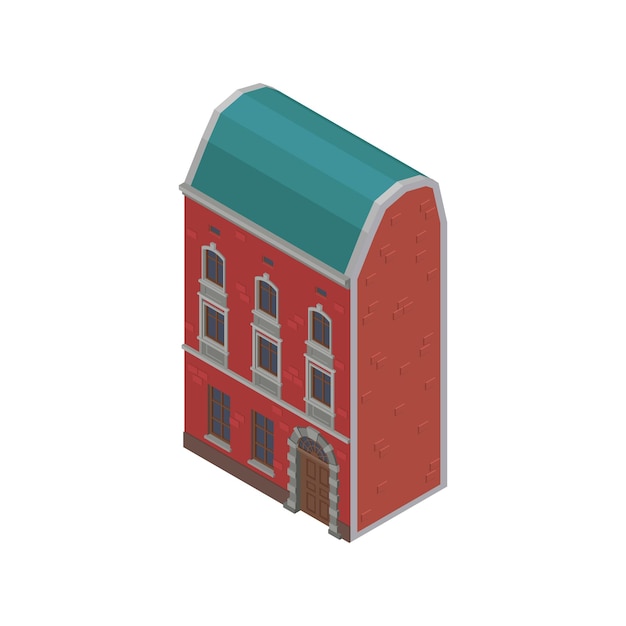 Isometric icon with three storeyd brick suburban building on white background vector illustration