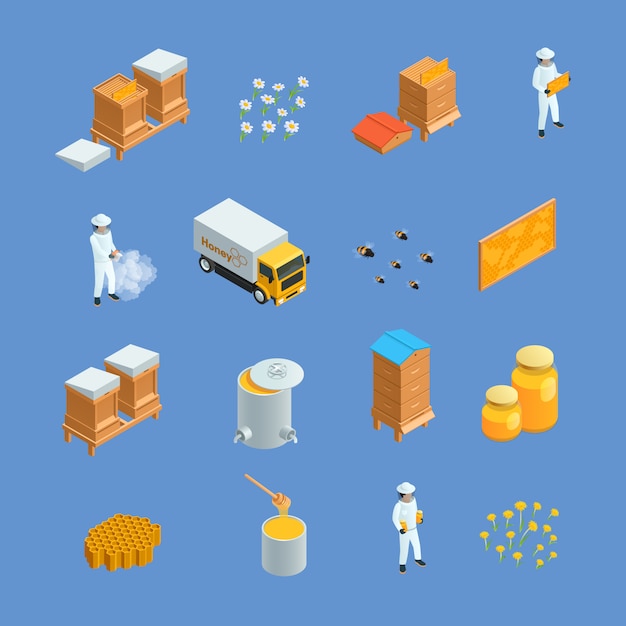 Isometric icons set of different beekeeping apiary elements like honey bee hives apiarist isolated v