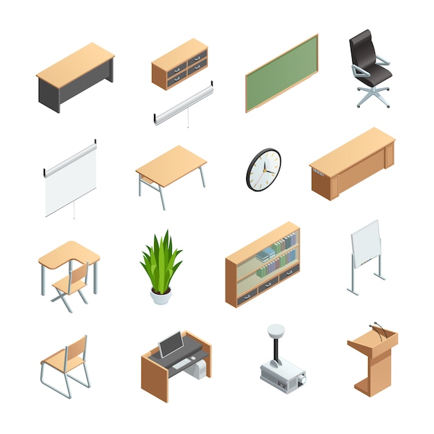 Free vector isometric icons set of different classroom interior elements like furnitures equipments