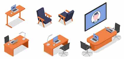 Free vector isometric icons set of furniture and computers for remote work places isolated on white 3d illustration