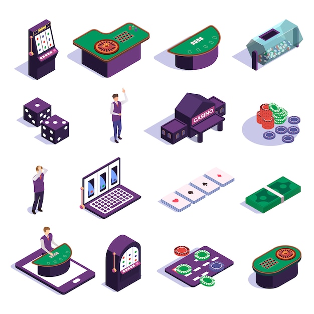 Isometric icons set with casino slot machines croupier and tools for gambling games isolated