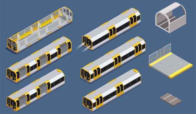무료 벡터 파란색 배경에 고립 된 컬러 지하철 요소와 아이소 메트릭 아이콘 설정