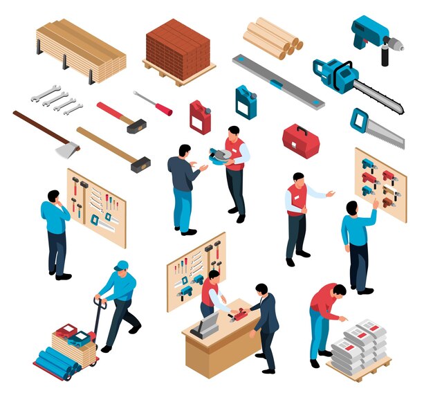 Isometric icons set with customers shop assistants tools at hardware store isolated vector illustration