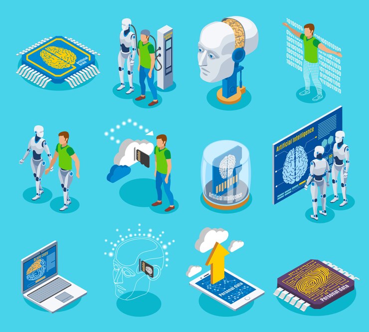 Free Vector isometric icons set with isolated images of cyborg electronic parts pictograms and human characters