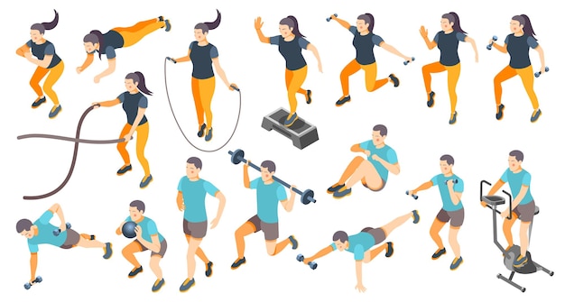 Icone isometriche impostate con uomini e donne che fanno allenamento cardio isolato su sfondo bianco illustrazione vettoriale 3d