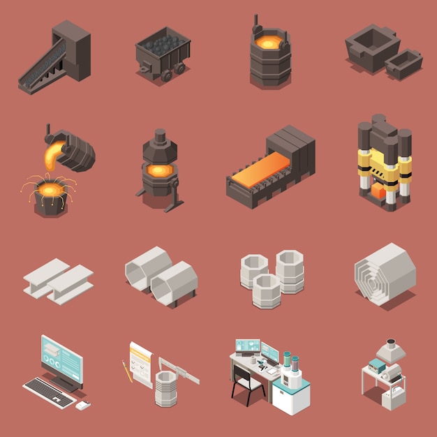 Free vector isometric icons set with metal industry equipment 3d isolated vector illustration