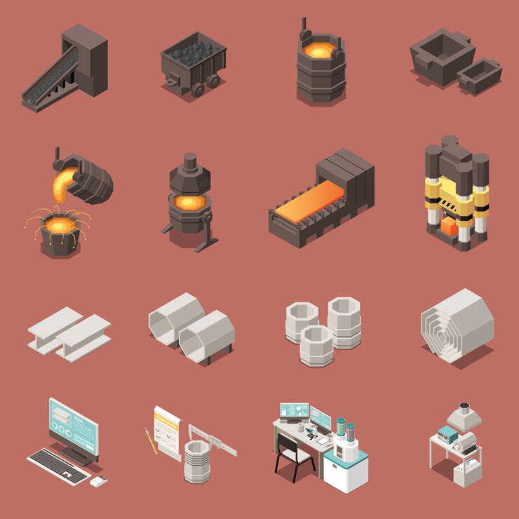 Free Vector isometric icons set with metal industry equipment 3d isolated vector illustration