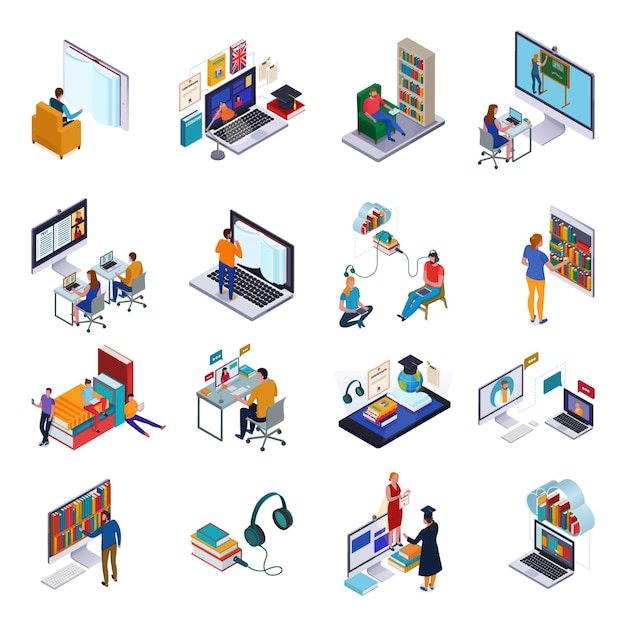 Free vector isometric icons set with people and various devices for reading and studying in online library 3d isolated