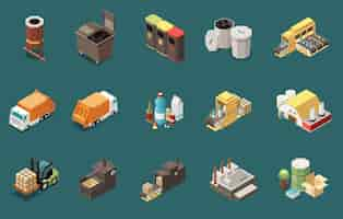 Free vector isometric icons set with rubbish bins containers garbage collecting transport and recycling plants 3d isolated vector illustration