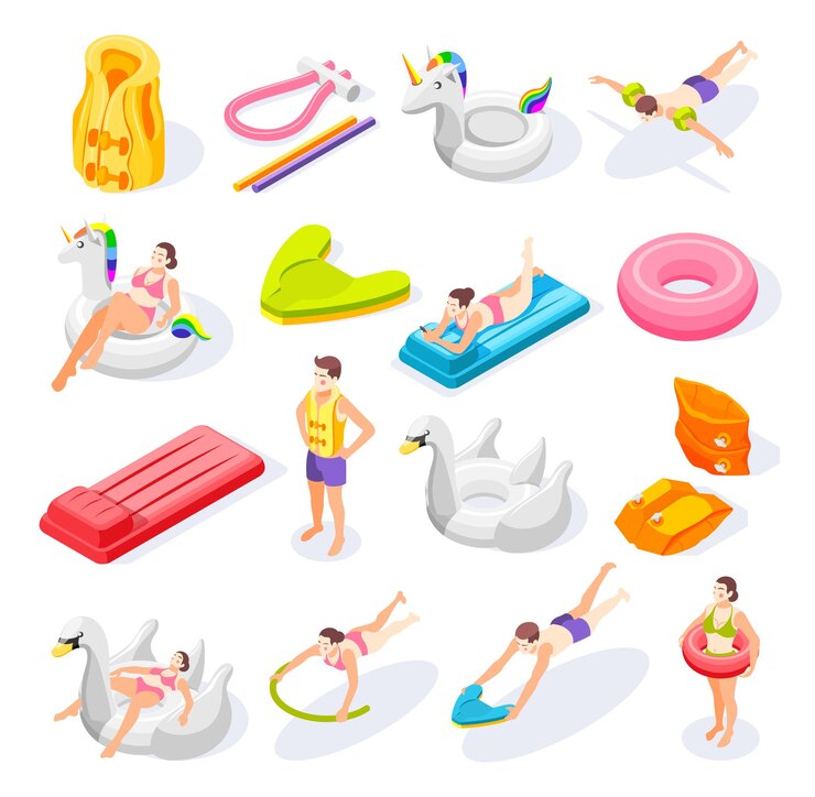 Free Vector isometric icons set with swimming aids and people using various colorful equipment 3d isolated vector illustration