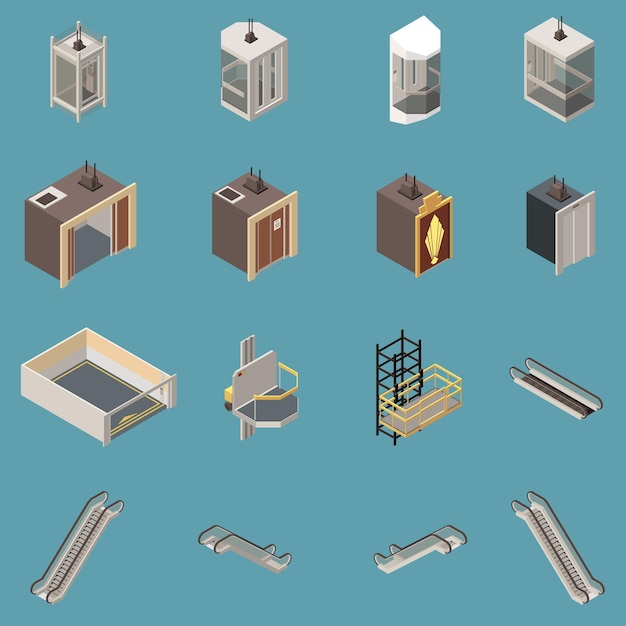 Isometric icons set with various lifts and escalators isolated on blue background 3d vector illustration