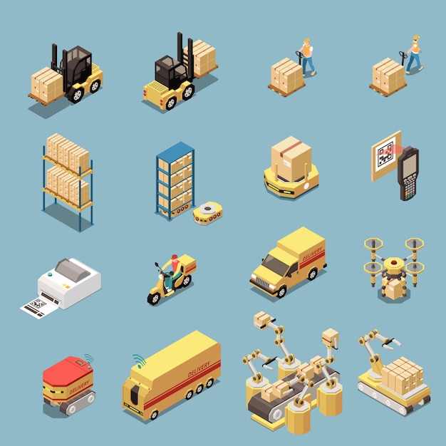 Free vector isometric icons set with warehouse equipment and transport for goods delivery isolated