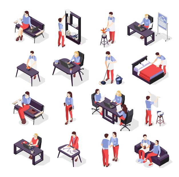 Free vector isometric icons set with working at office wife and house husband isolated on white background 3d vector illustration