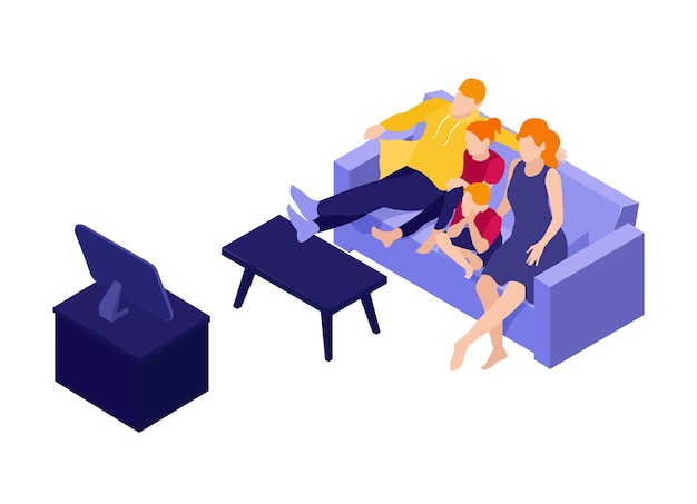 Изометрическая иллюстрация семьи, сидящей на диване и смотрящей телевизор