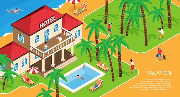 Изометрическая иллюстрация здания отеля с расслабляющими людьми поблизости