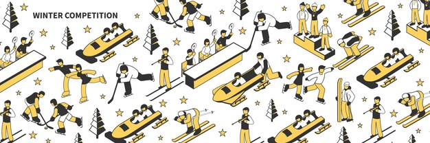 Isometric illustration with athletes participating in winter sports competitions 3d