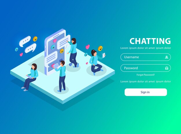 Isometric illustration with characters emoticons messaging bubbles and authorization login form with username password and text