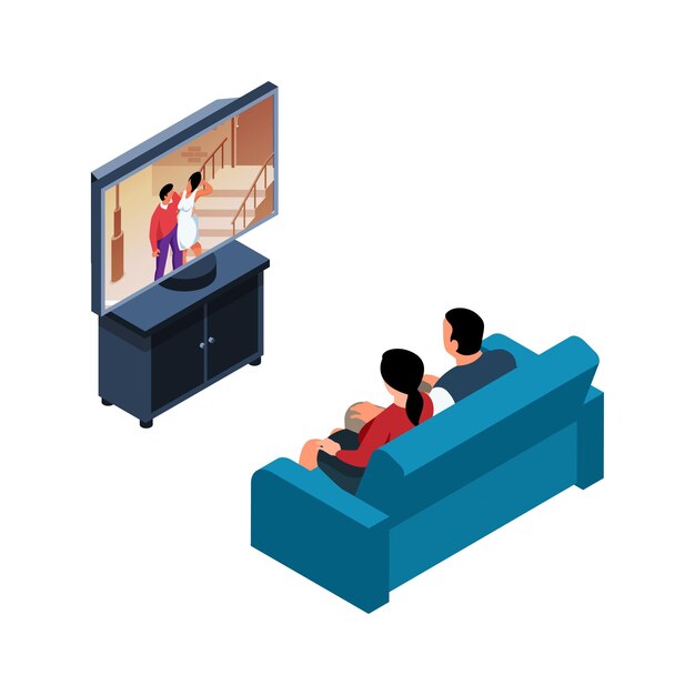 分離されたソファでロマンチックな映画を見ている男性と女性の等角図
