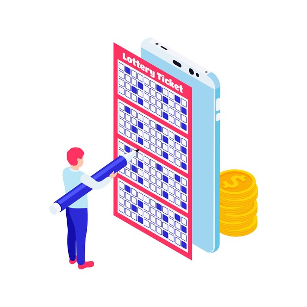 Isometric illustration with smartphone coins and character filling out lottery ticket 3d