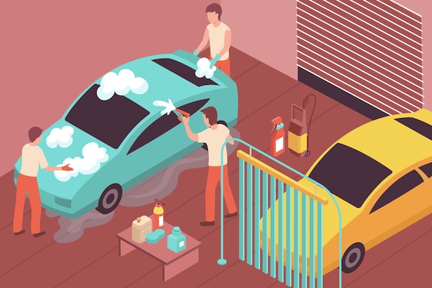 Isometric illustration with three people washing car 3d