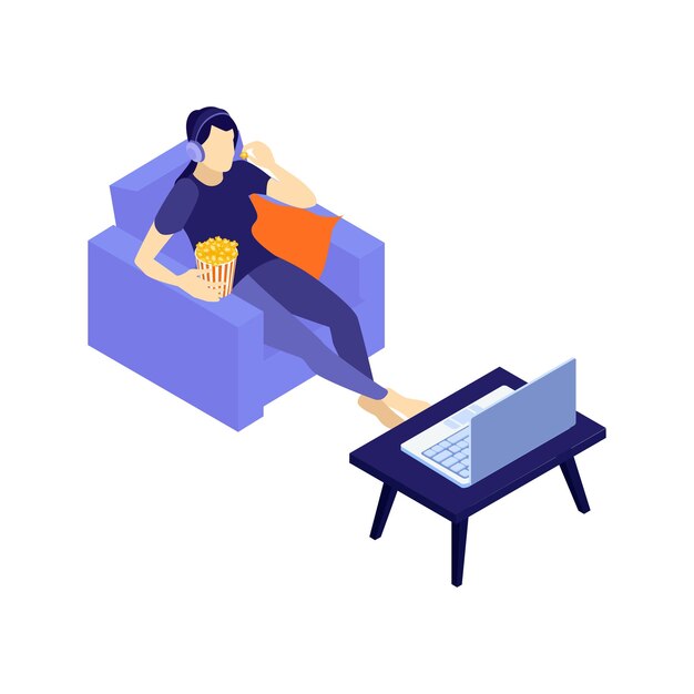 Isometric illustration of a woman sitting on the sofa watching a film on a laptop