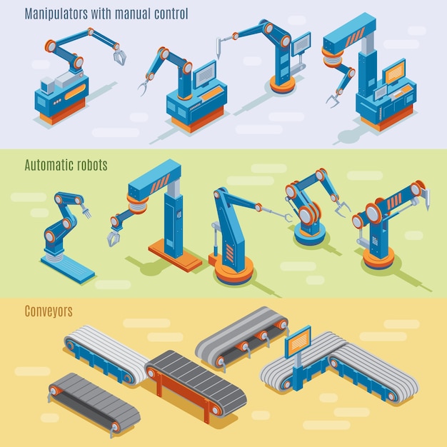 Free vector isometric industrial automated factory horizontal banners with manipulators robotic arms and assembly line parts