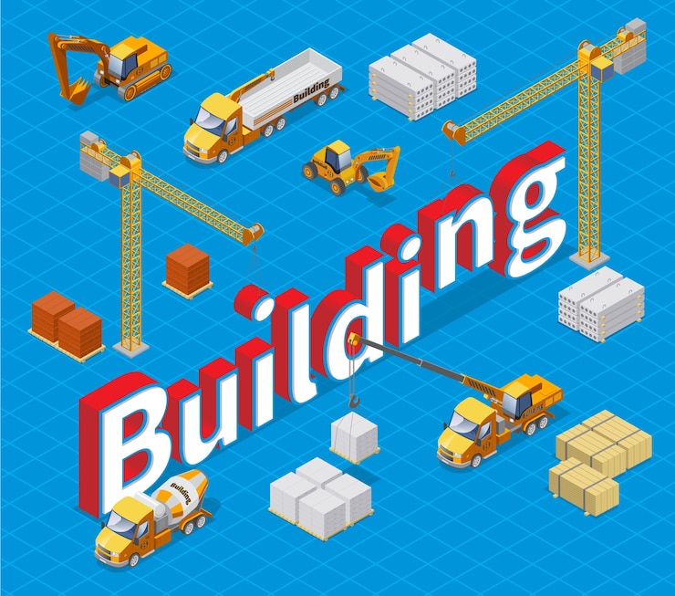 Free Vector isometric industrial building concept with different construction materials cranes concrete mixer cargo trucks and excavators isolated