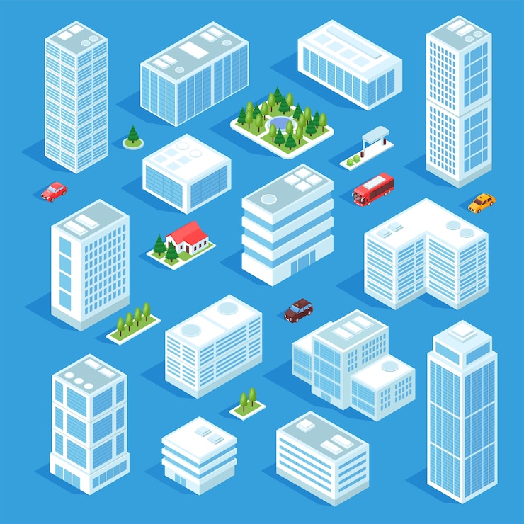 Free Vector isometric industrial city set with isolated icons and images of modern buildings with gardens and transport vector illustration