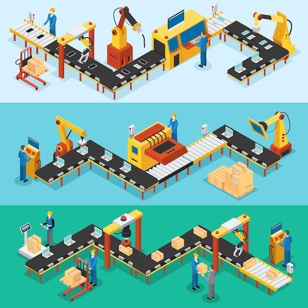 Free vector isometric industrial factory horizontal banners