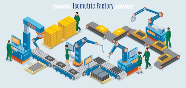 Isometric industrial factory template with assembly line automated robotic arms and workers monitoring conveyor belt isolated