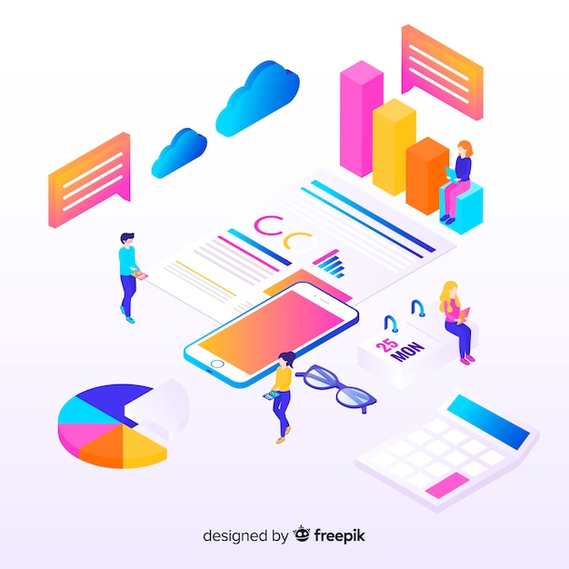 Isometric infographic with charts and people