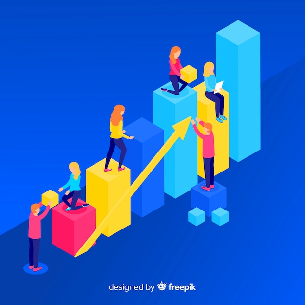 Isometric infographic with charts and people