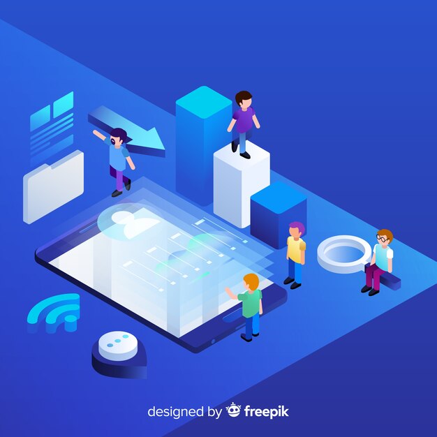 Isometric infographic with charts and people