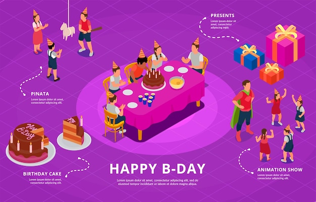 Isometric infographic with children at birthday party with animation show cake pinata presents vector illustration